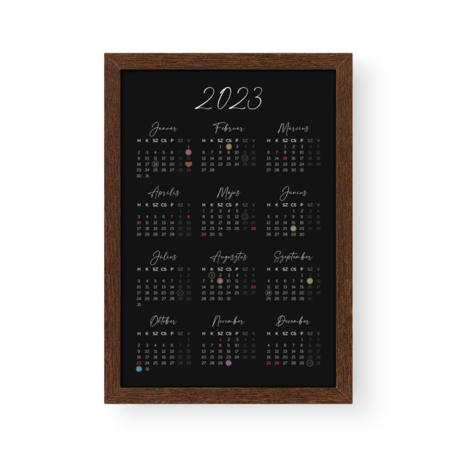 2023-as naptár hétvégék, ünnepnapok és családi események jelölésével, barna kerettel