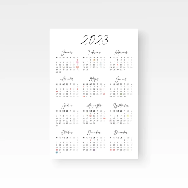 2023-as naptár hétvégék, ünnepnapok és családi események jelölésével