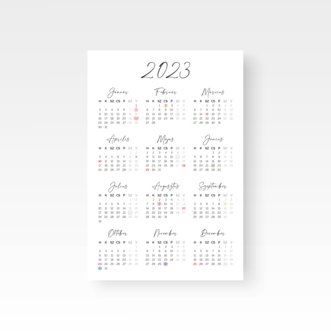 2023-as naptár hétvégék, ünnepnapok és családi események jelölésével