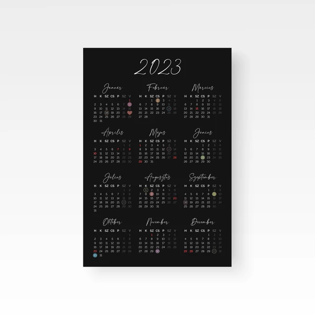 2023-as naptár hétvégék, ünnepnapok és családi események jelölésével