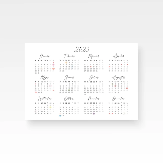 2023-as naptár hétvégék, ünnepnapok és családi események jelölésével
